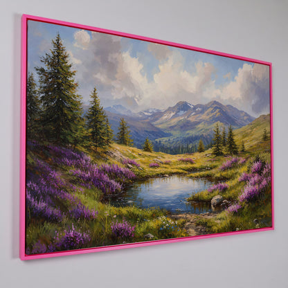 Mountain Landscape with Wildflower Meadow Canvas in pink floating frame