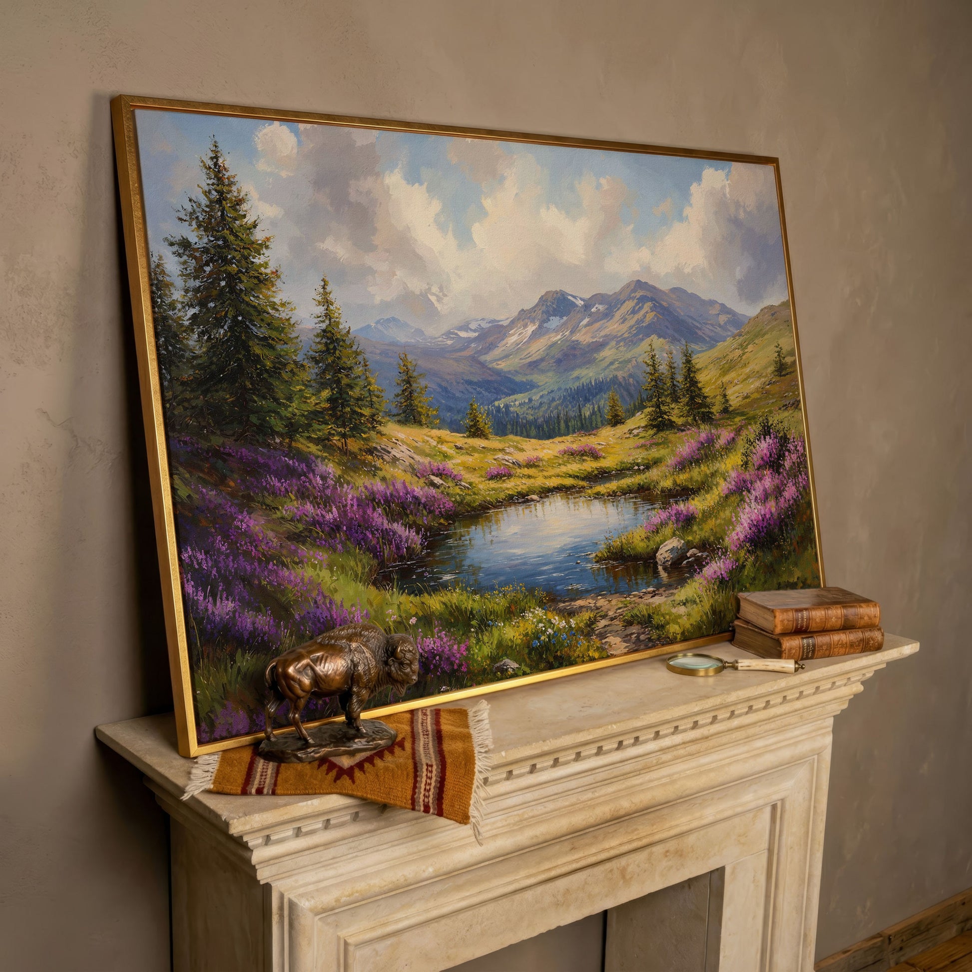 Mountain Landscape with Wildflower Meadow Canvas in rose gold floating frame