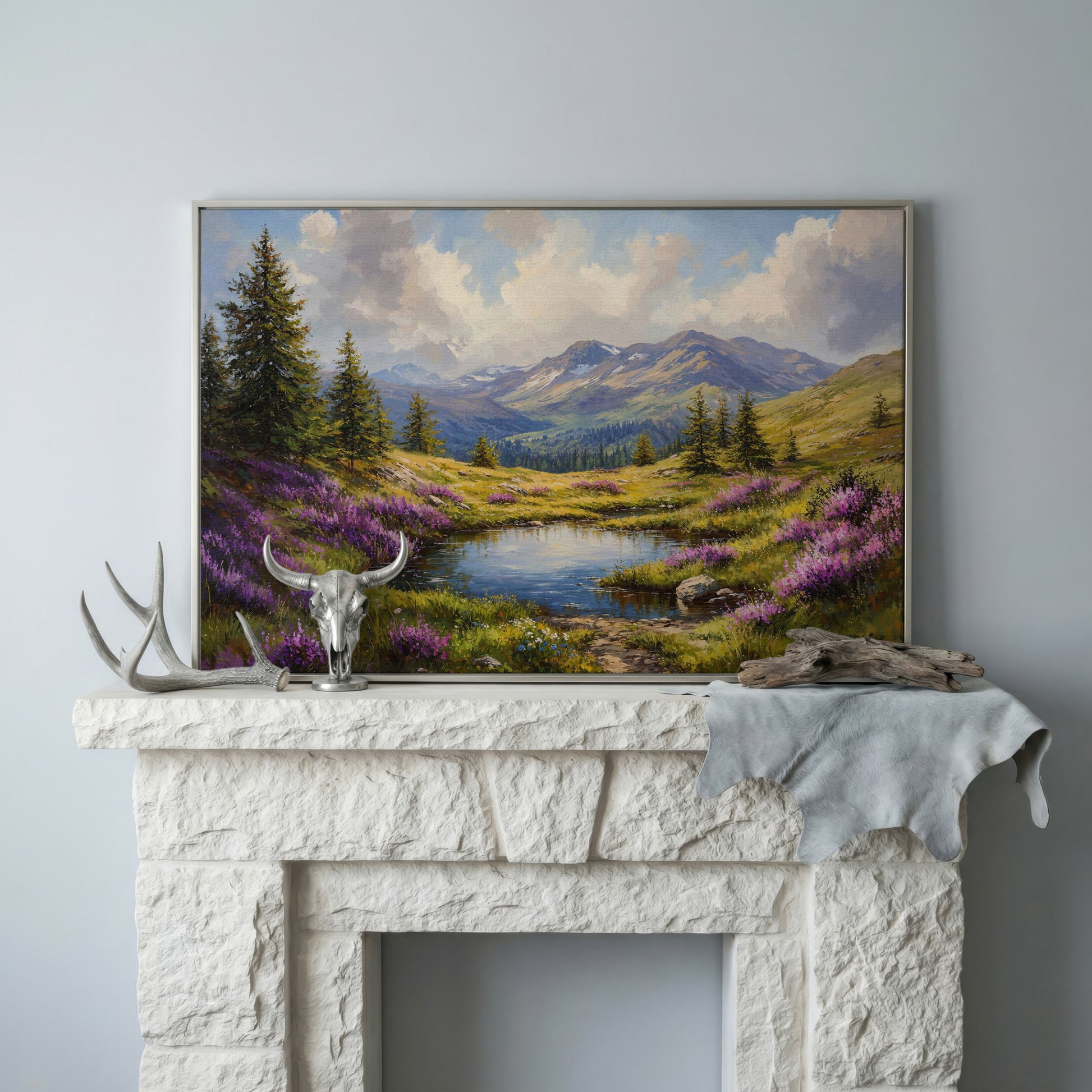 Mountain Landscape with Wildflower Meadow Canvas in silver floating frame