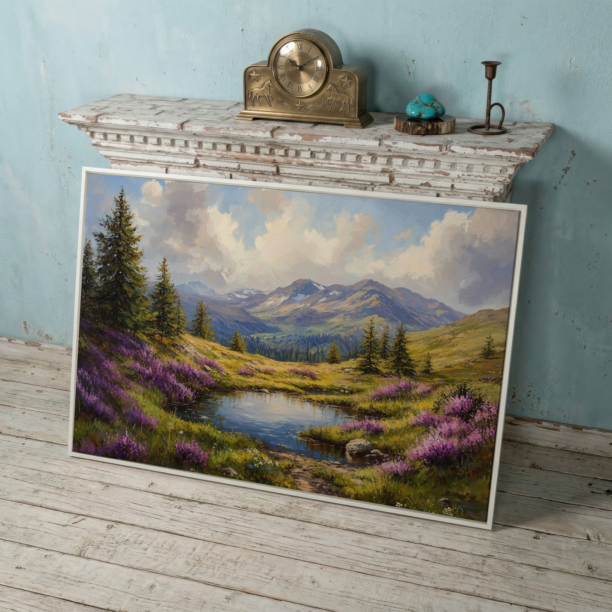 Mountain Landscape with Wildflower Meadow Canvas in white floating frame