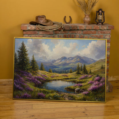 Mountain Landscape with Wildflower Meadow Canvas in yellow gold floating frame