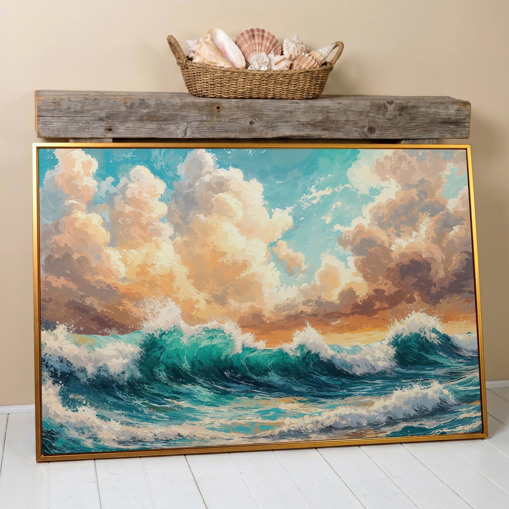 Ocean Wave Seascape Canvas in antique gold floating frame