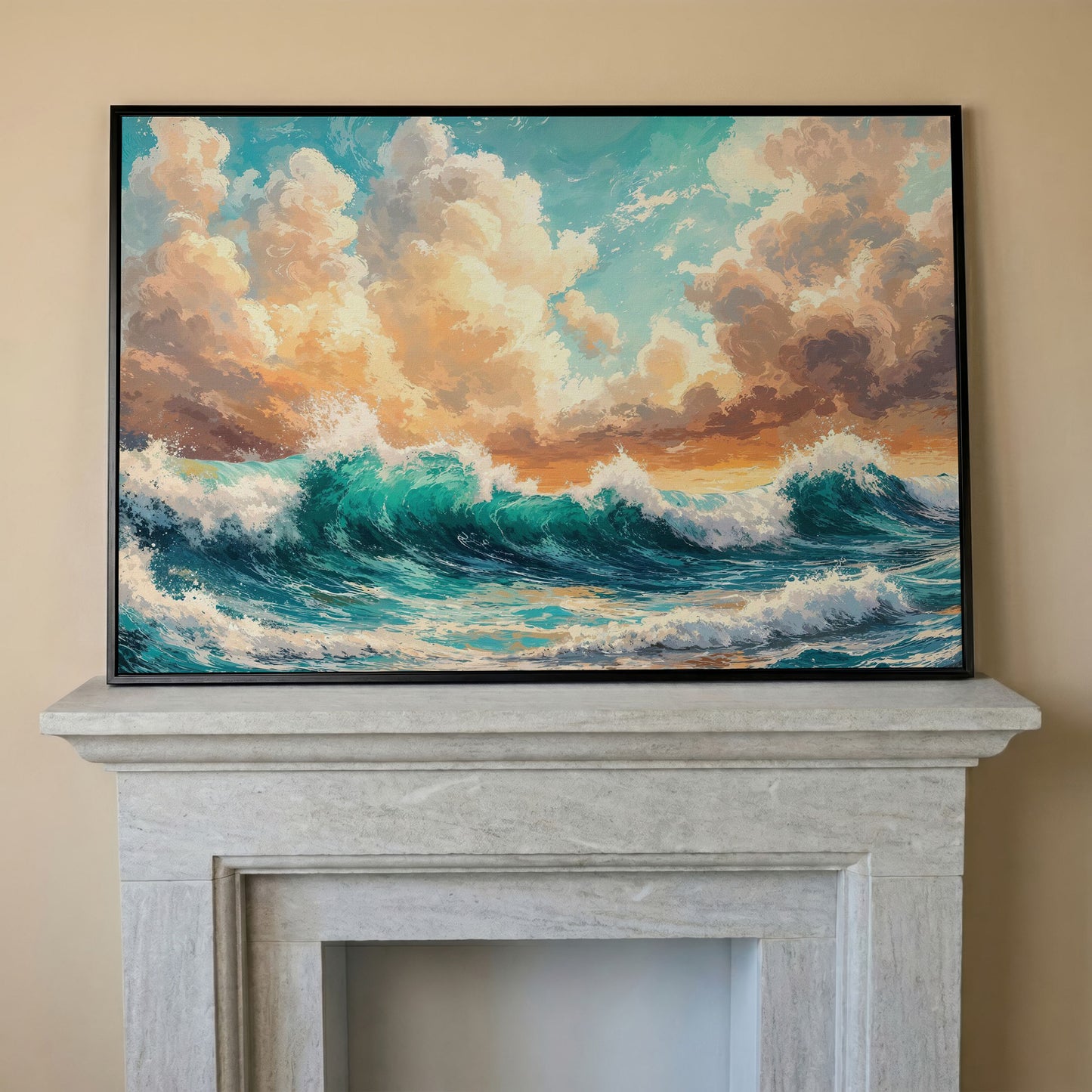 Ocean Wave Seascape Canvas in black floating frame