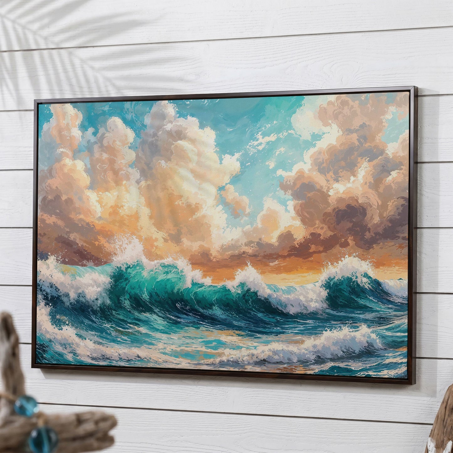 Ocean Wave Seascape Canvas in dark walnut floating frame