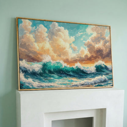 Ocean Wave Seascape Canvas in white oak floating frame