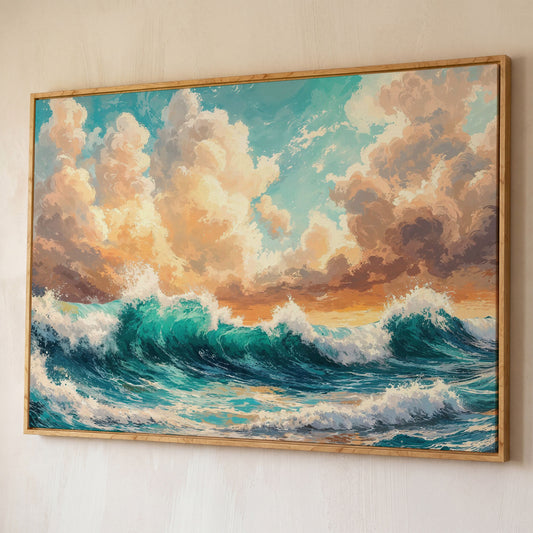 Ocean Wave Seascape Canvas shown in white oak floating frame