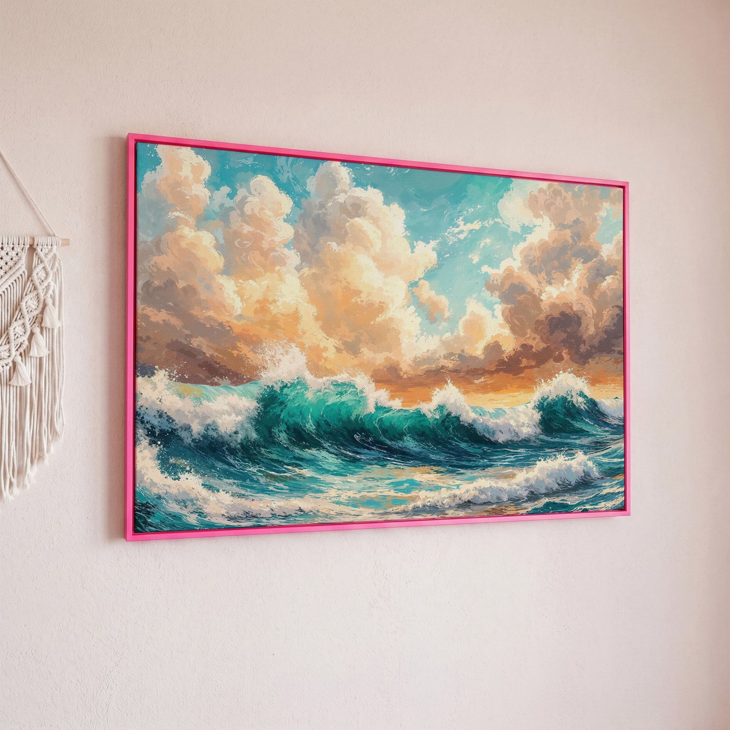 Ocean Wave Seascape Canvas in pink floating frame
