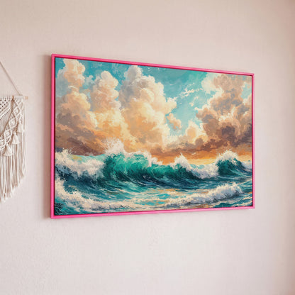Ocean Wave Seascape Canvas in pink floating frame