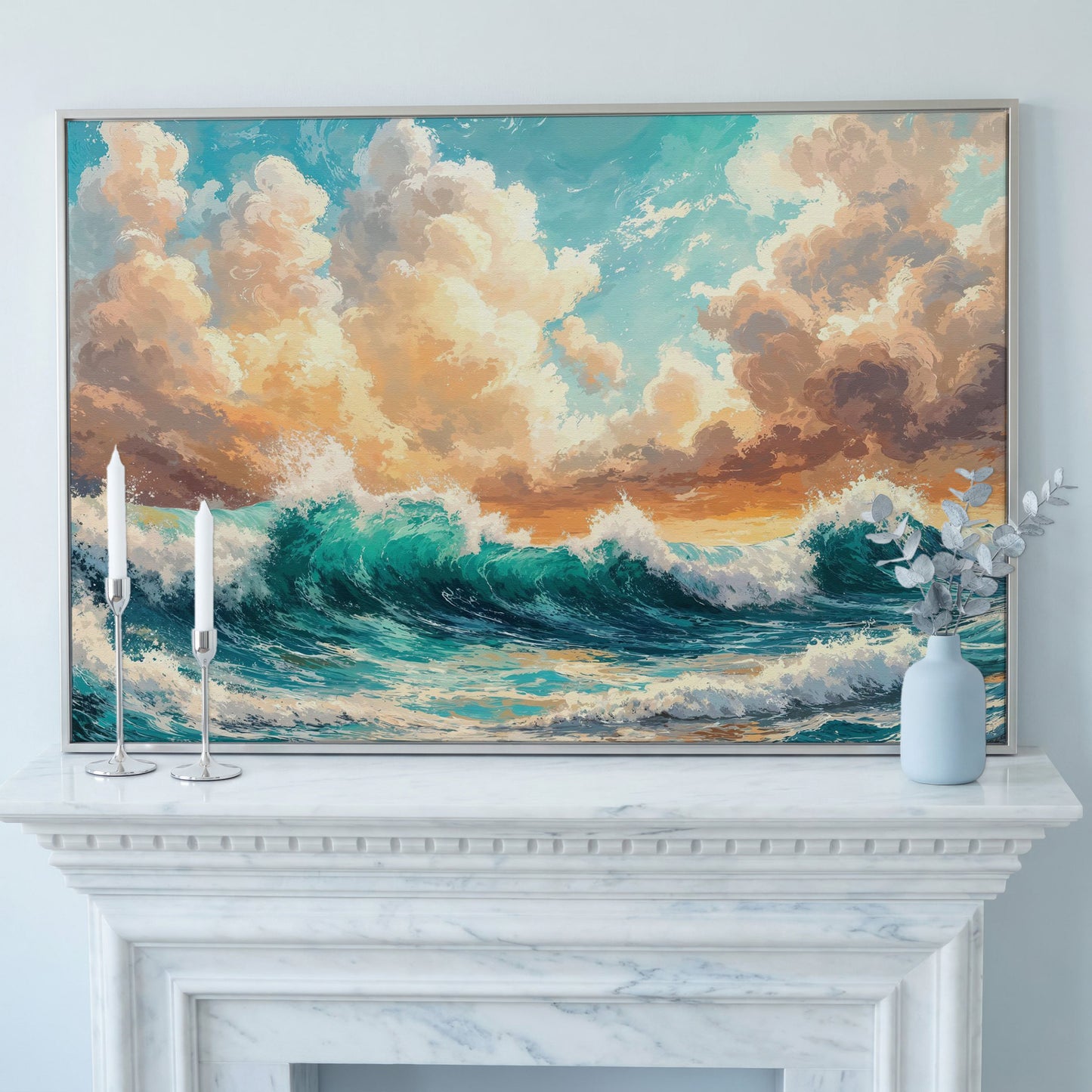 Ocean Wave Seascape Canvas in silver floating frame