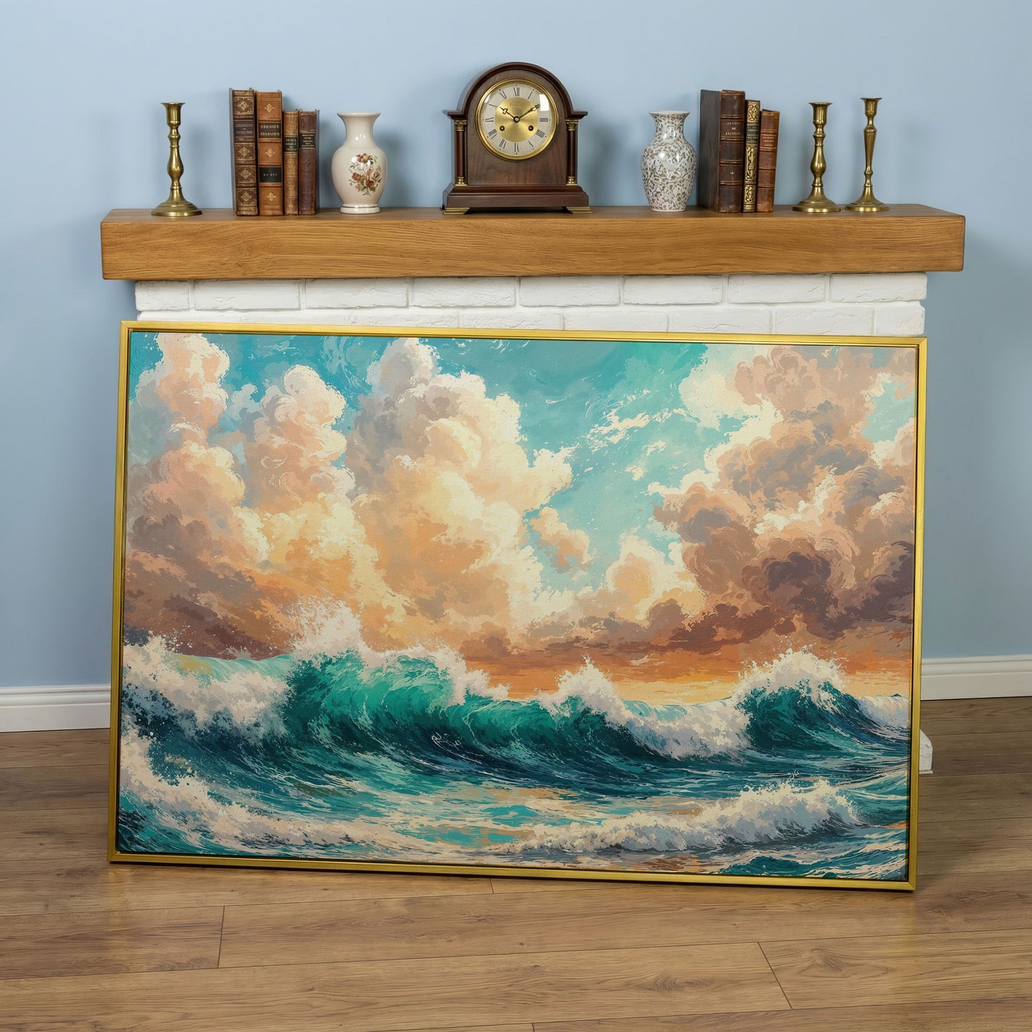 Ocean Wave Seascape Canvas in yellow gold floating frame