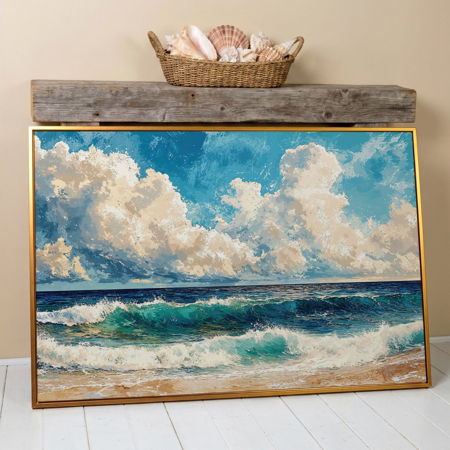 Seascape with Low Clouds Canvas Print in antique gold floating frame