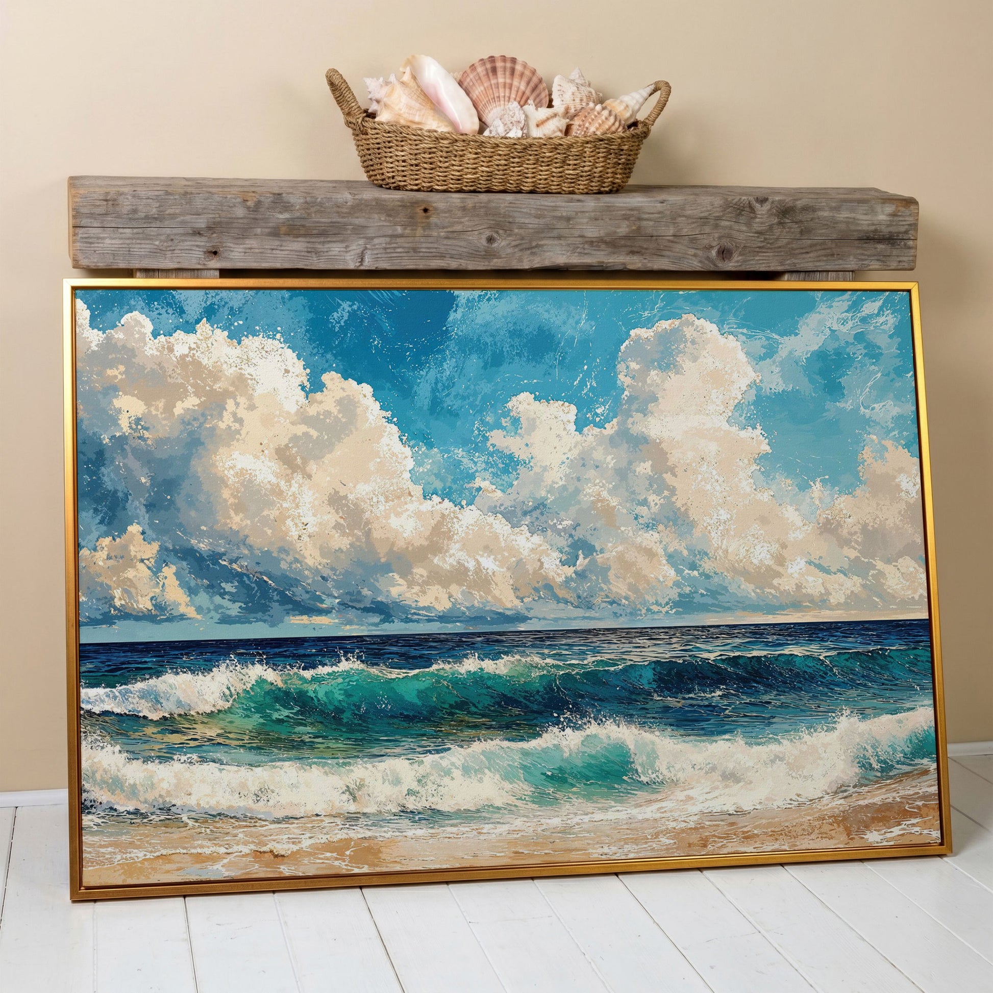 Seascape with Low Clouds Canvas Print in antique gold floating frame