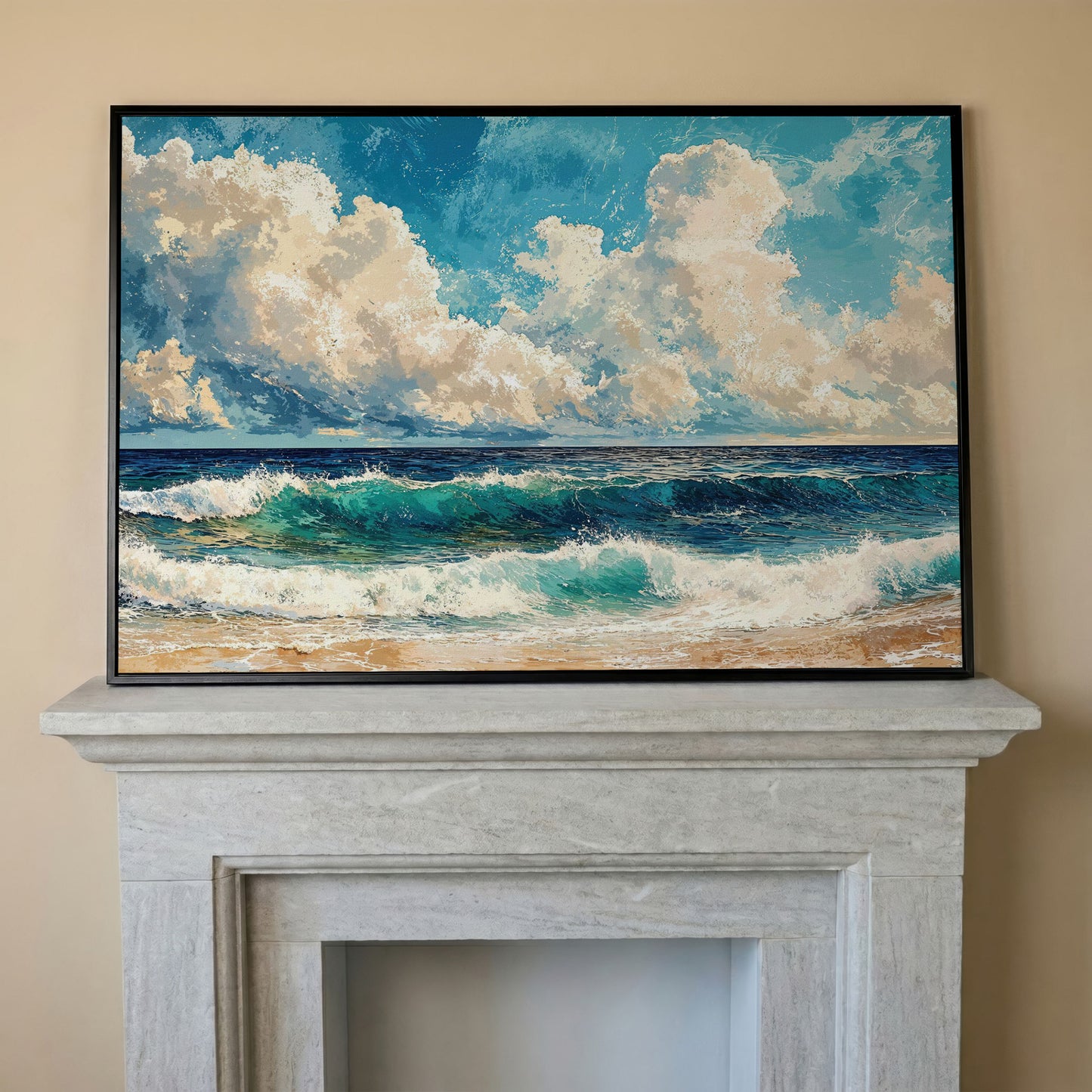 Seascape with Low Clouds Canvas Print in black floating frame