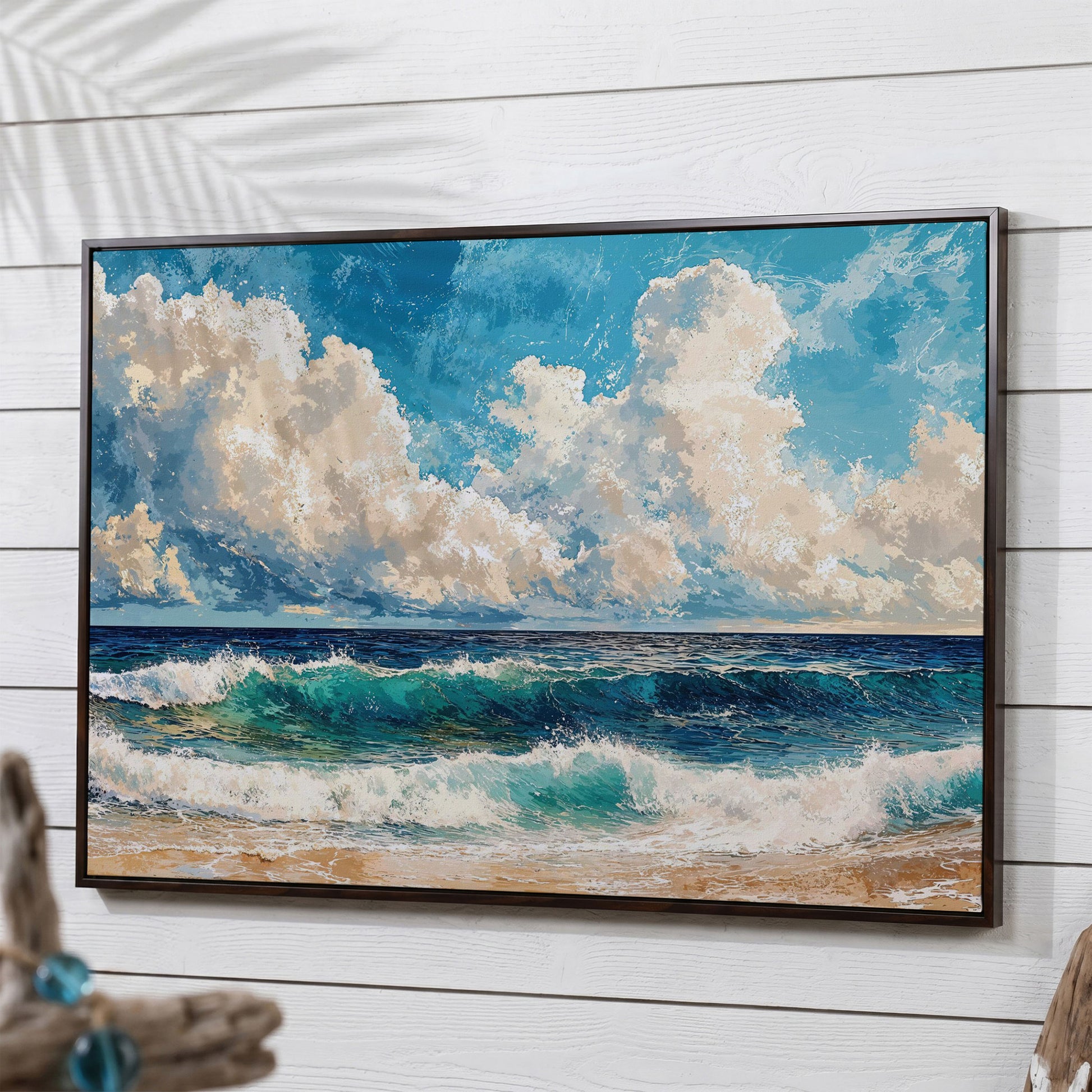 Seascape with Low Clouds Canvas Print in dark walnut floating frame