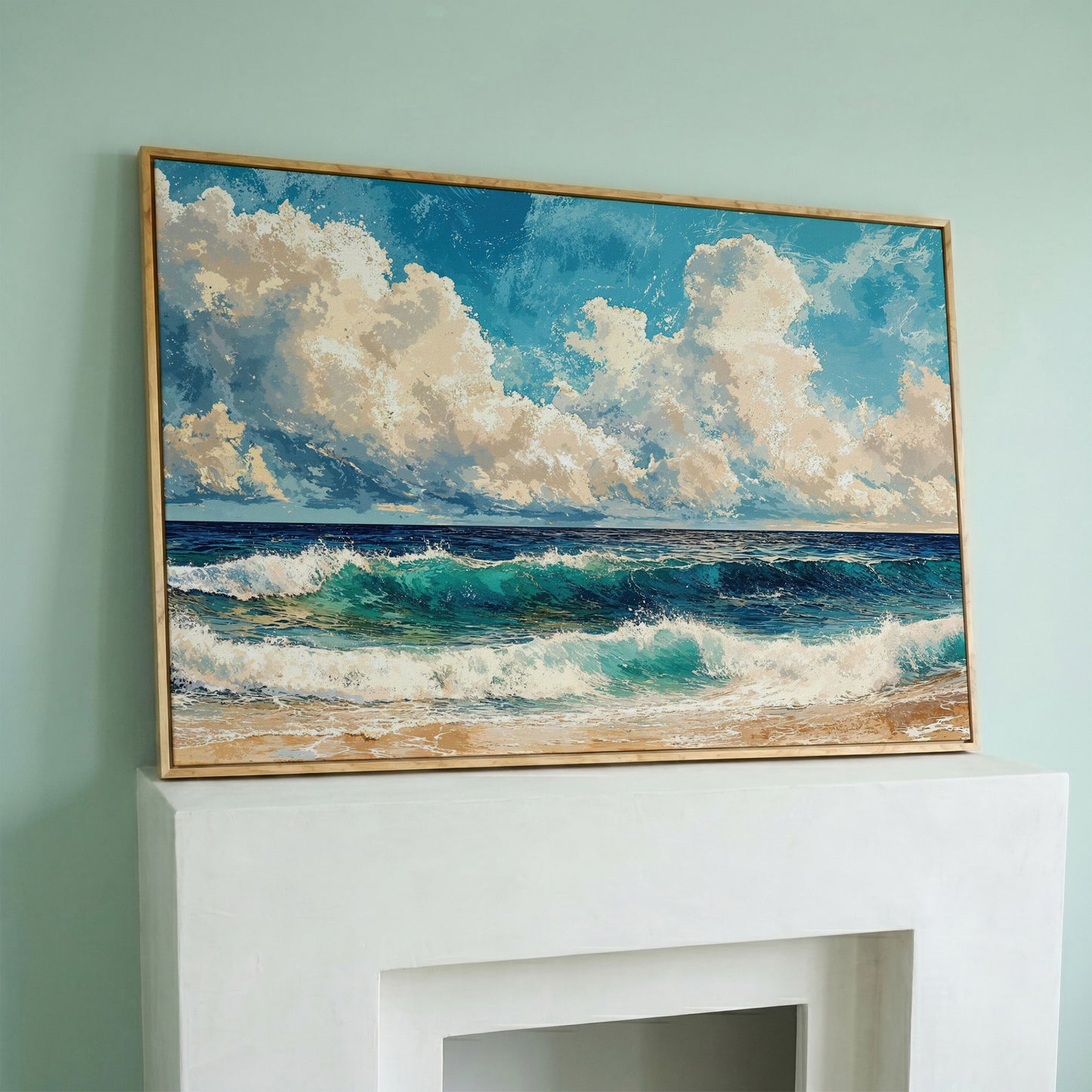 Seascape with Low Clouds Canvas Print in white oak floating frame