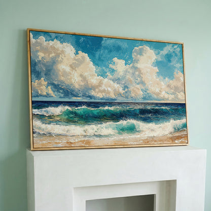 Seascape with Low Clouds Canvas Print in white oak floating frame