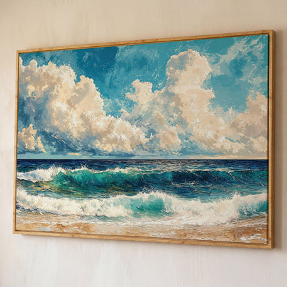 Seascape with Low Clouds Canvas Print shown in white oak floating frame