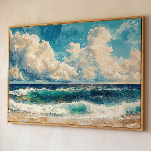 Seascape with Low Clouds Canvas Print shown in white oak floating frame