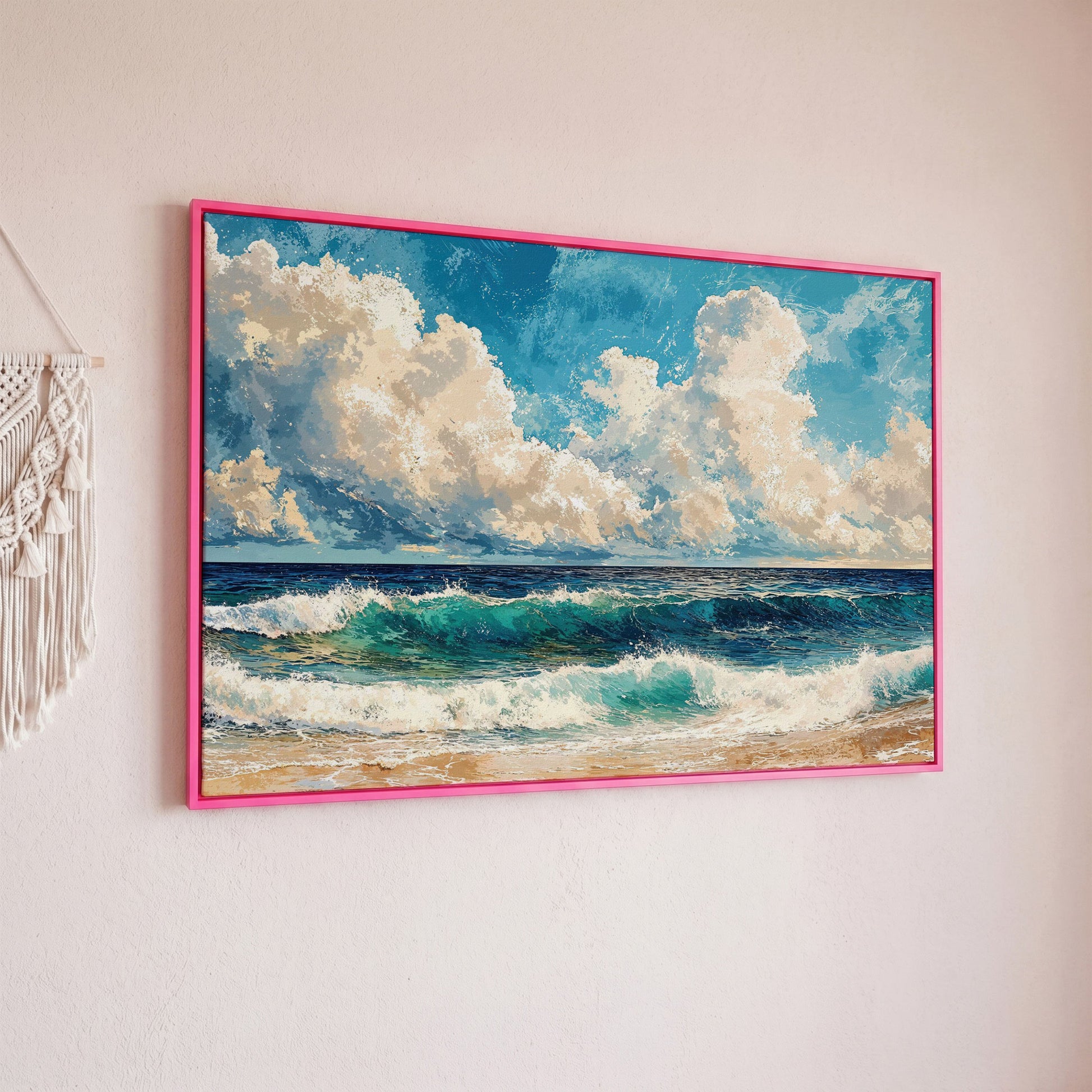 Seascape with Low Clouds Canvas Print in pink floating frame