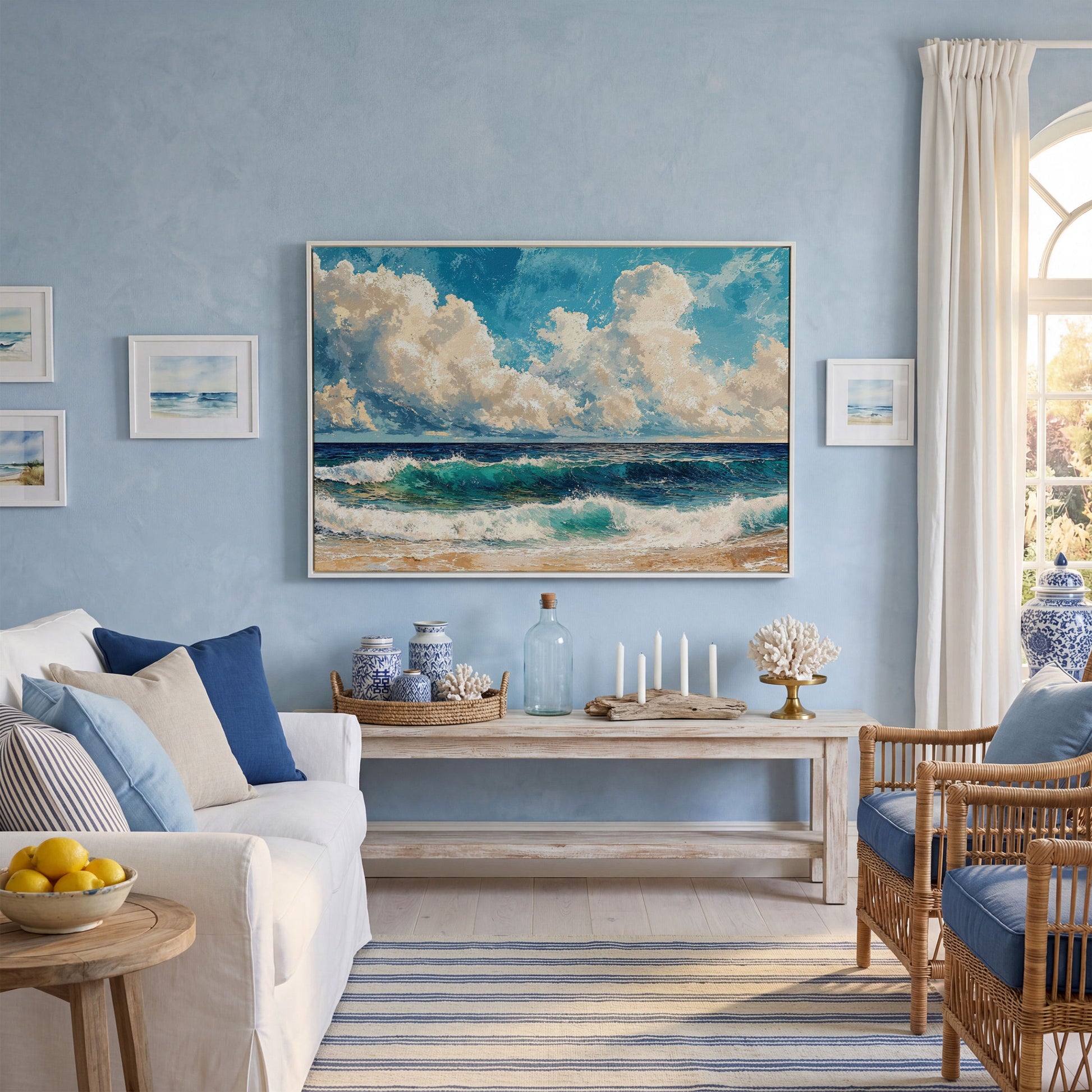 Seascape with Low Clouds Canvas Print in white floating frame