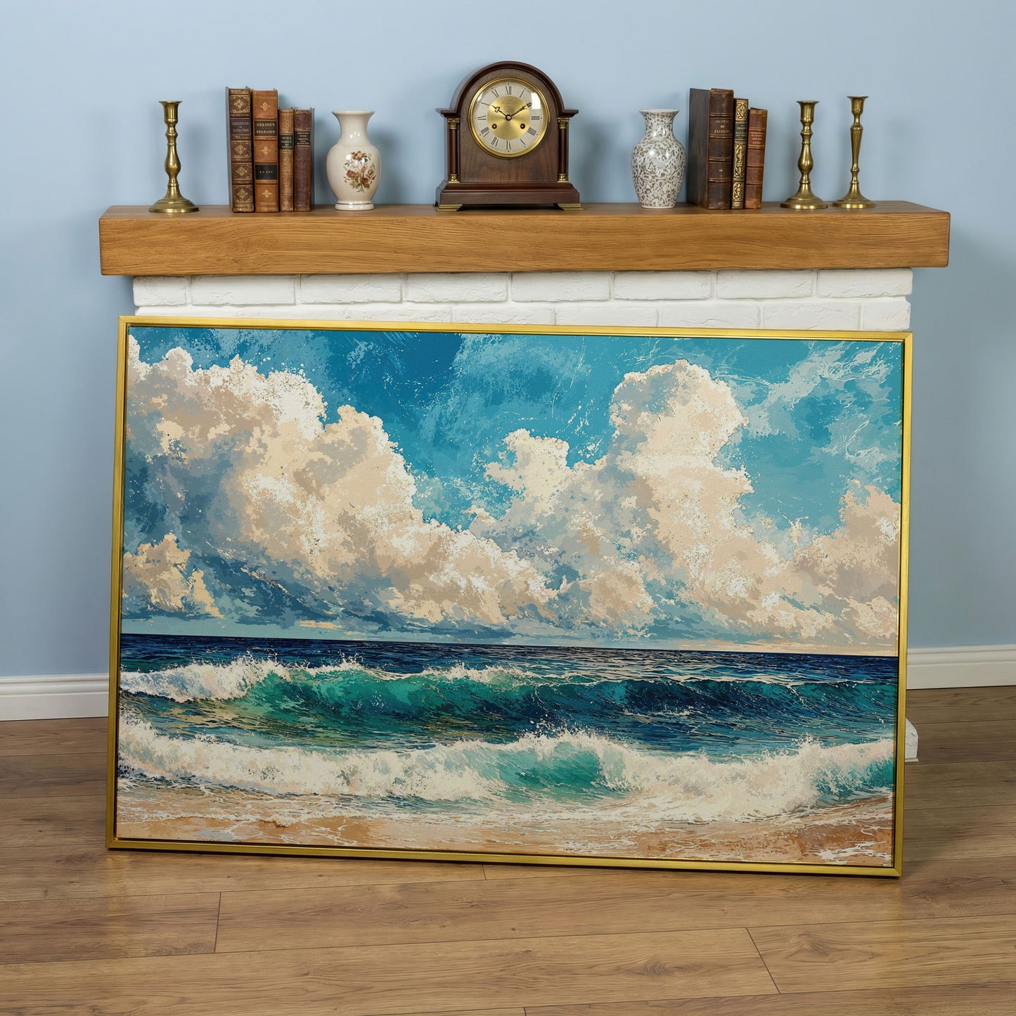 Seascape with Low Clouds Canvas Print in yellow gold floating frame