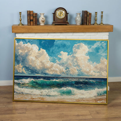 Seascape with Low Clouds Canvas Print in yellow gold floating frame