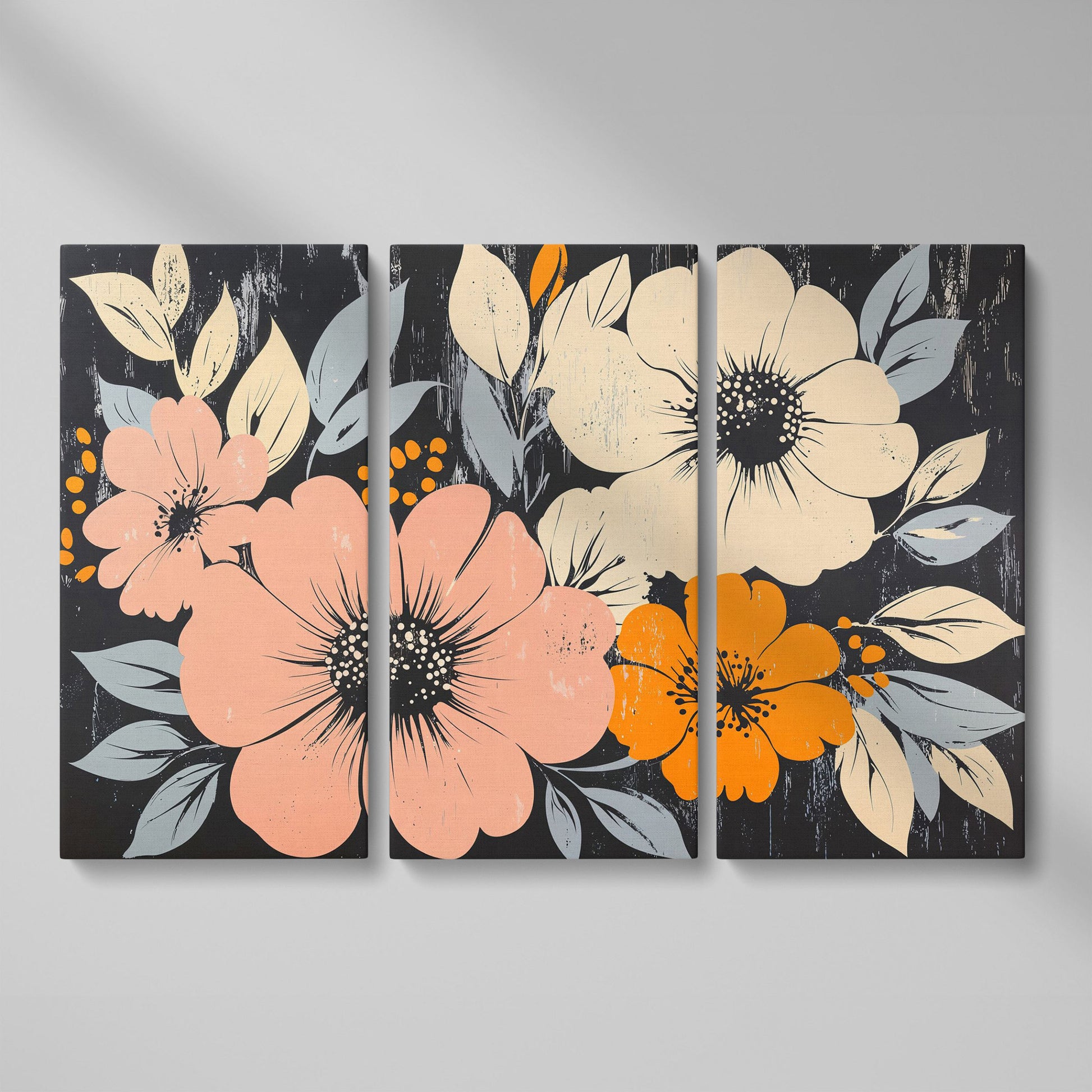 Vintage Floral Canvas with Peach Blooms on Charcoal as 3-panel split version