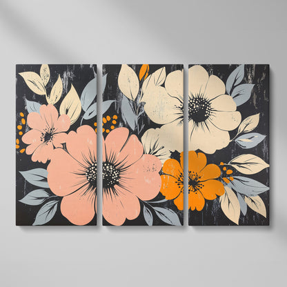 Vintage Floral Canvas with Peach Blooms on Charcoal as 3-panel split version