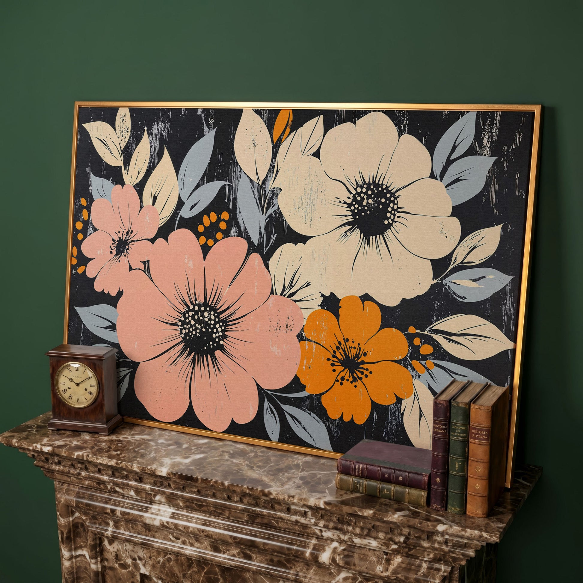 Vintage Floral Canvas with Peach Blooms on Charcoal in antique gold floating frame