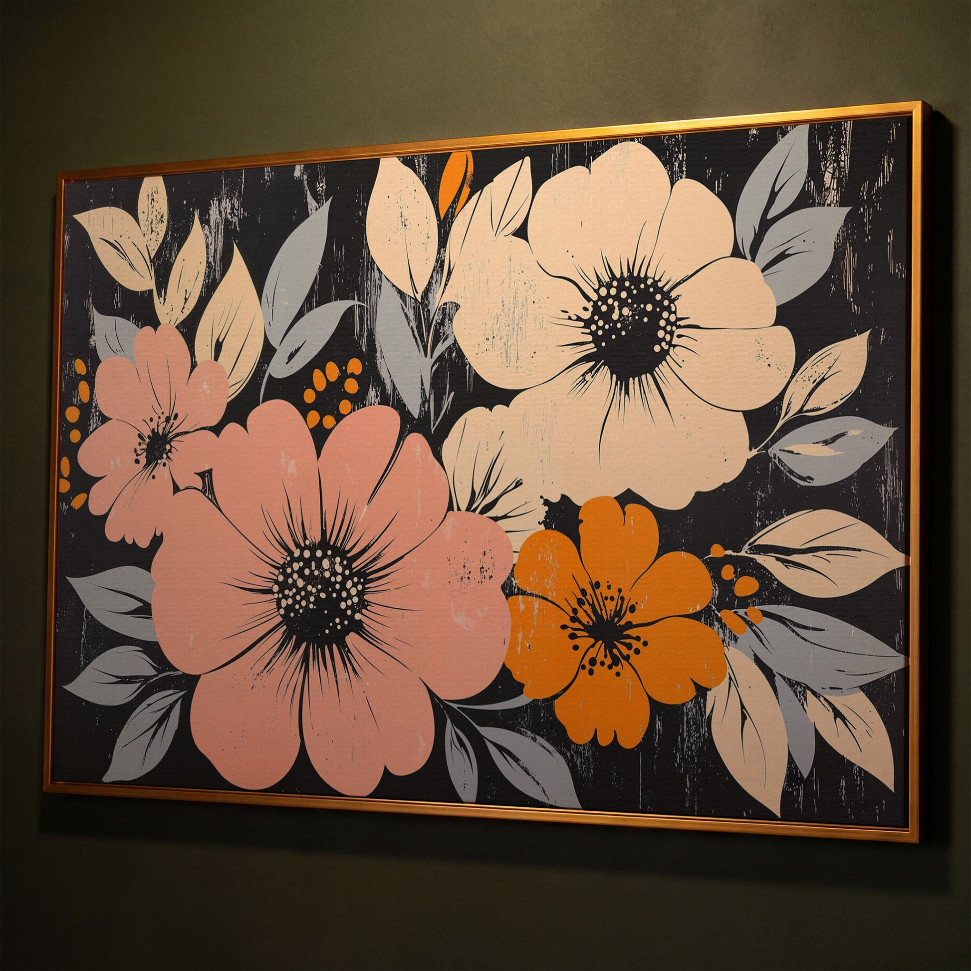 Vintage Floral Canvas with Peach Blooms on Charcoal shown in antique gold floating frame