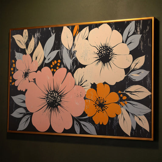 Vintage Floral Canvas with Peach Blooms on Charcoal shown in antique gold floating frame