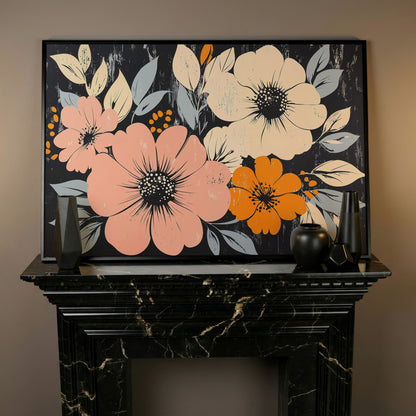 Vintage Floral Canvas with Peach Blooms on Charcoal in black floating frame