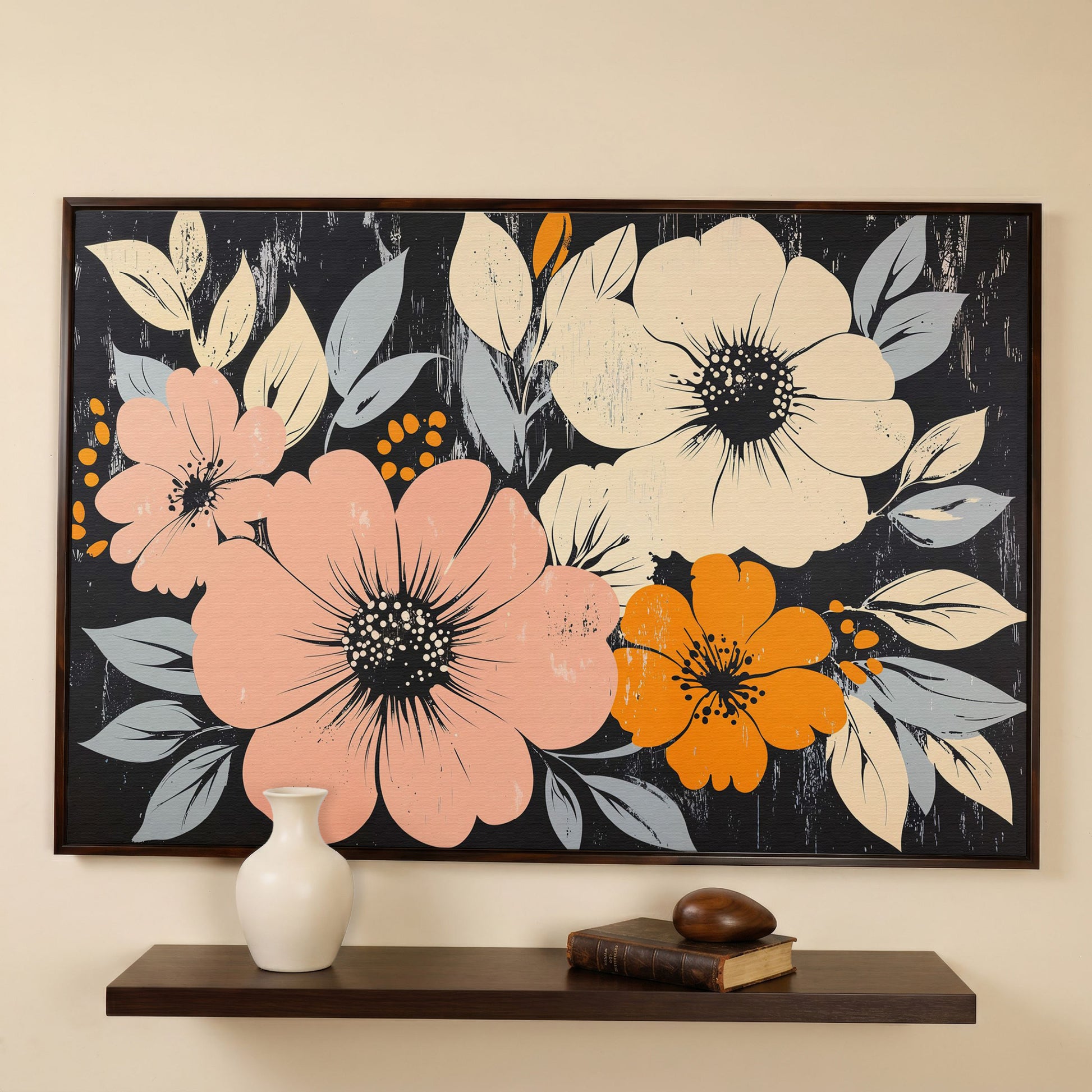 Vintage Floral Canvas with Peach Blooms on Charcoal in dark walnut floating frame
