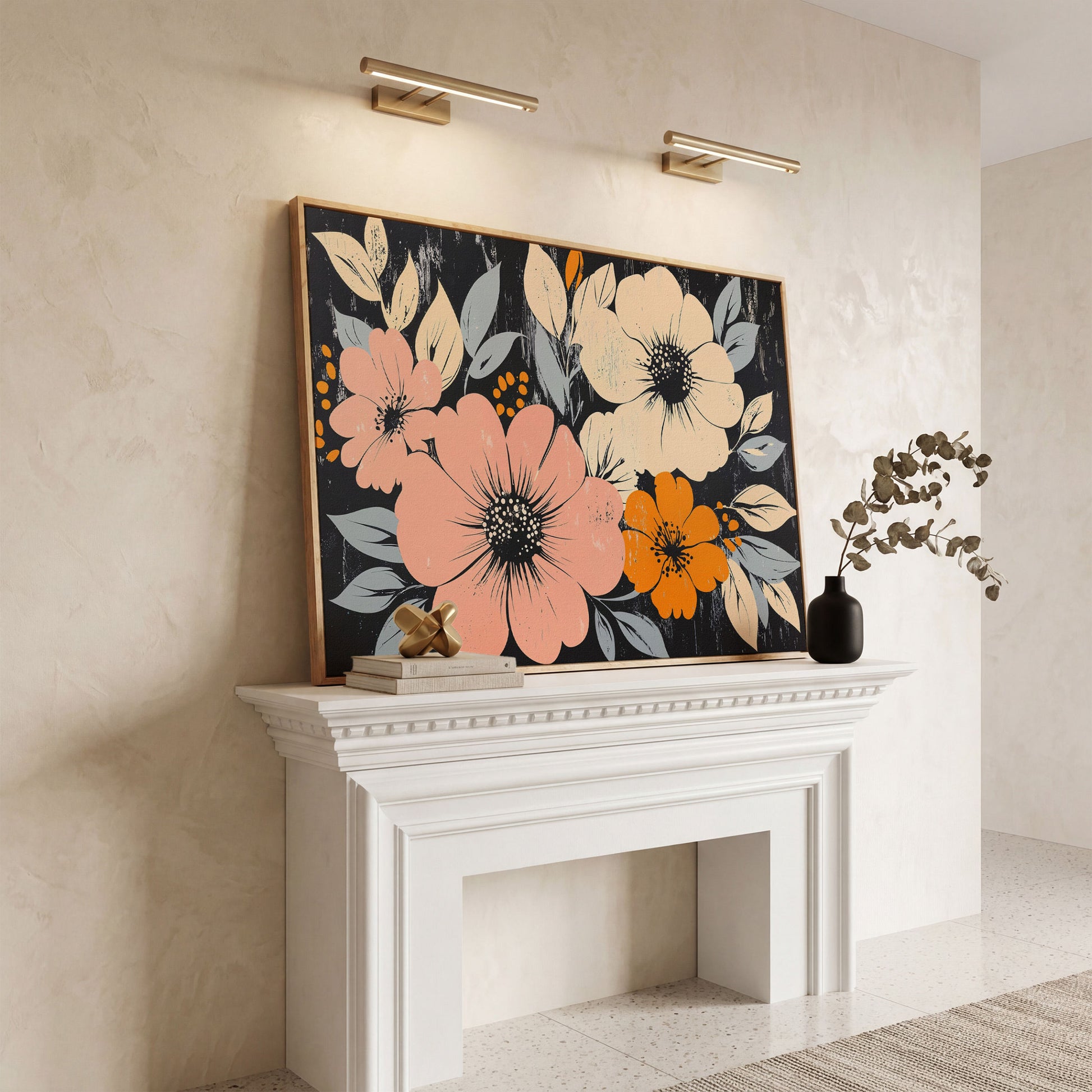 Vintage Floral Canvas with Peach Blooms on Charcoal in white oak floating frame