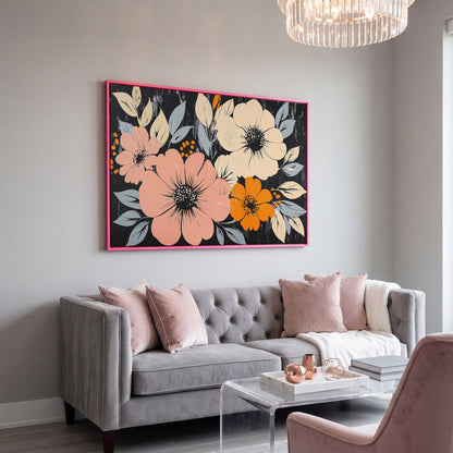 Vintage Floral Canvas with Peach Blooms on Charcoal in pink floating frame