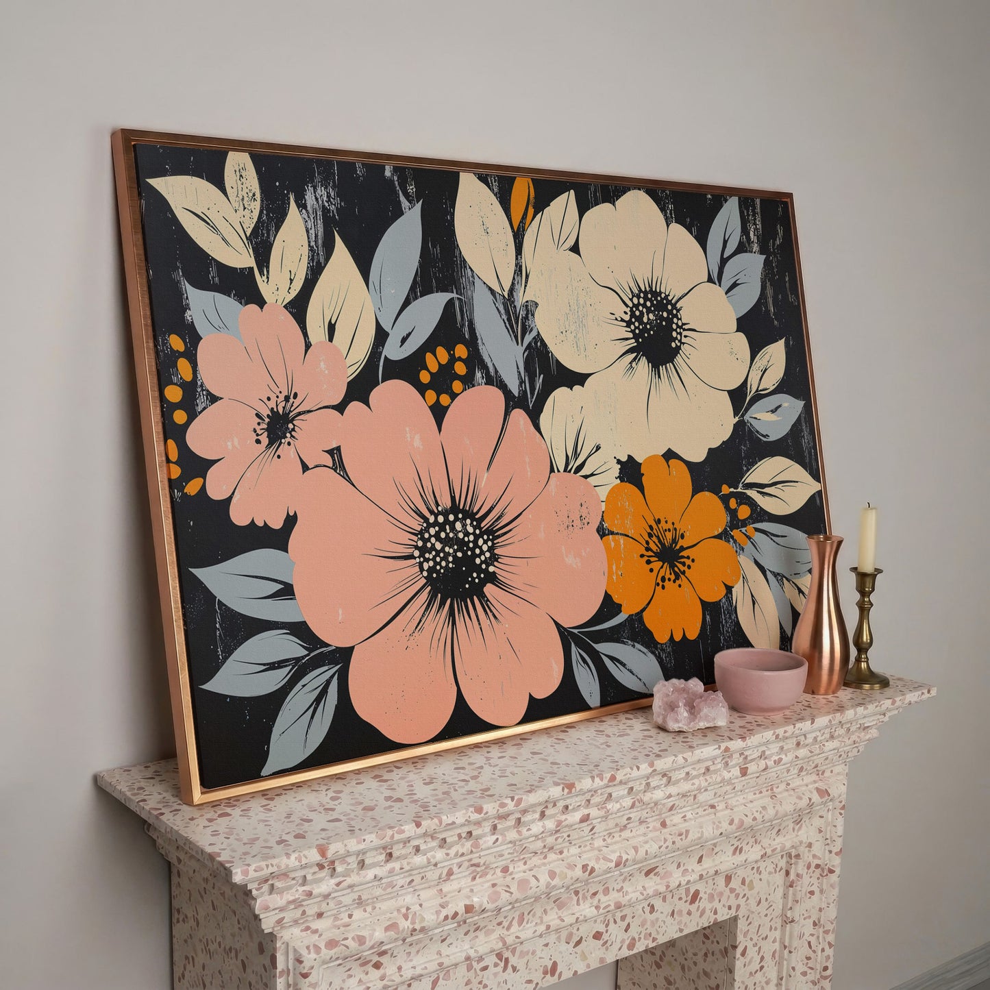 Vintage Floral Canvas with Peach Blooms on Charcoal in rose gold floating frame