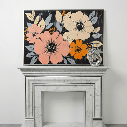 Vintage Floral Canvas with Peach Blooms on Charcoal in silver floating frame