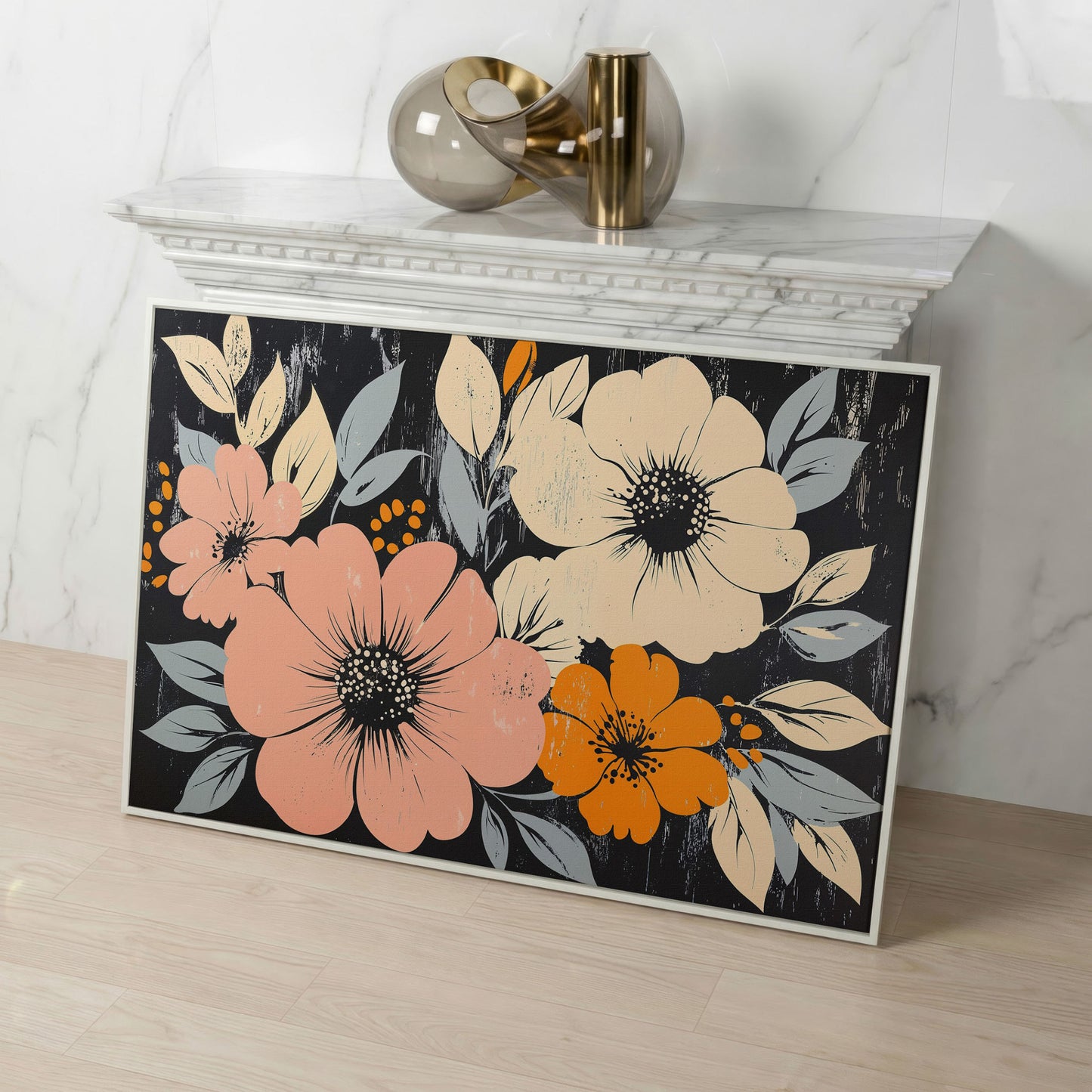 Vintage Floral Canvas with Peach Blooms on Charcoal in white floating frame