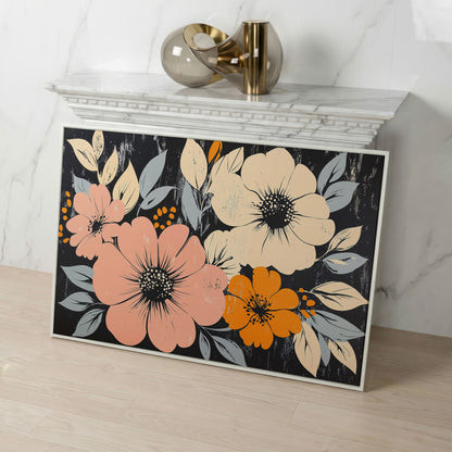 Vintage Floral Canvas with Peach Blooms on Charcoal in white floating frame