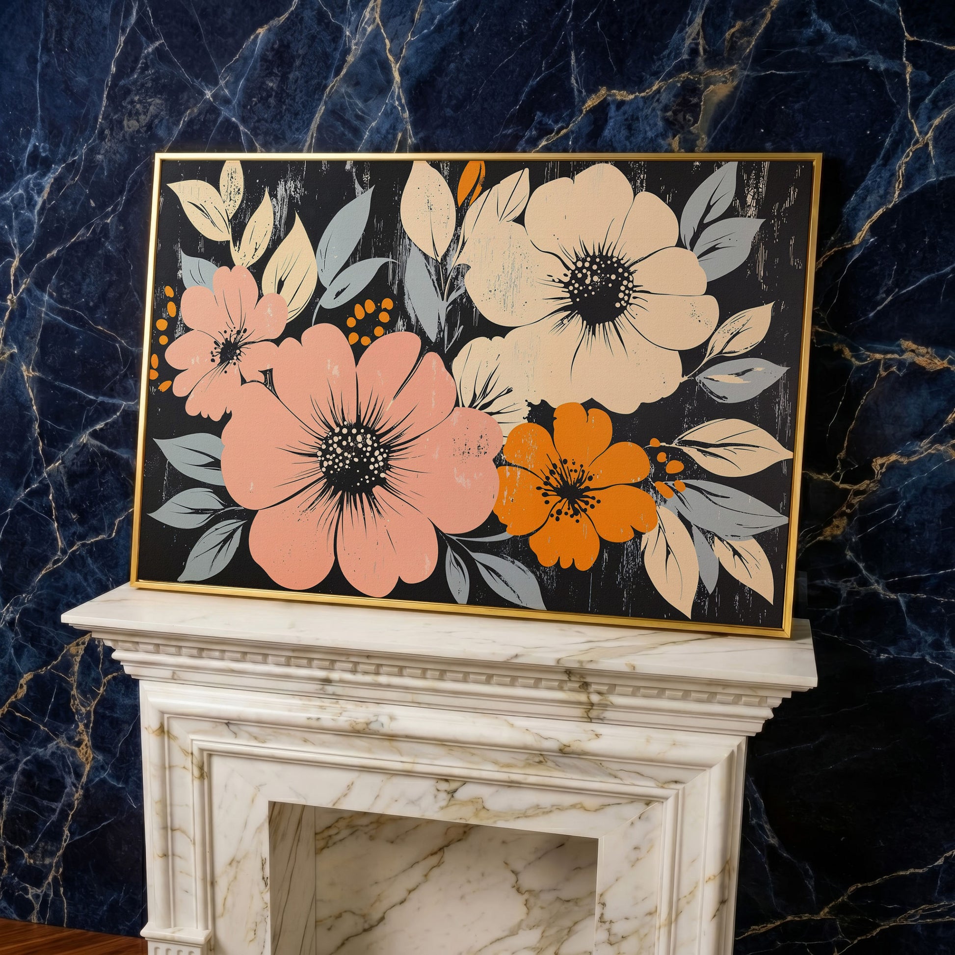Vintage Floral Canvas with Peach Blooms on Charcoal in yellow gold floating frame