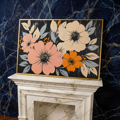 Vintage Floral Canvas with Peach Blooms on Charcoal in yellow gold floating frame