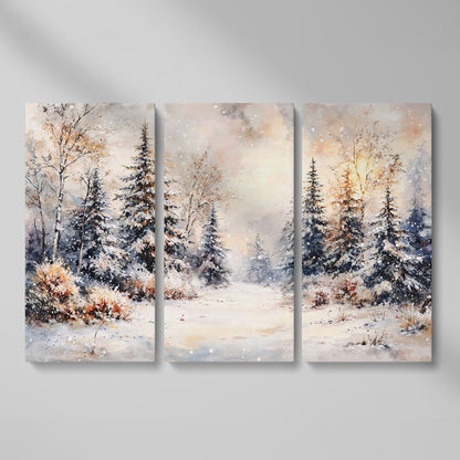 Snowy Evergreen Forest Canvas Wall Art, Winter Landscape as 3-panel split version