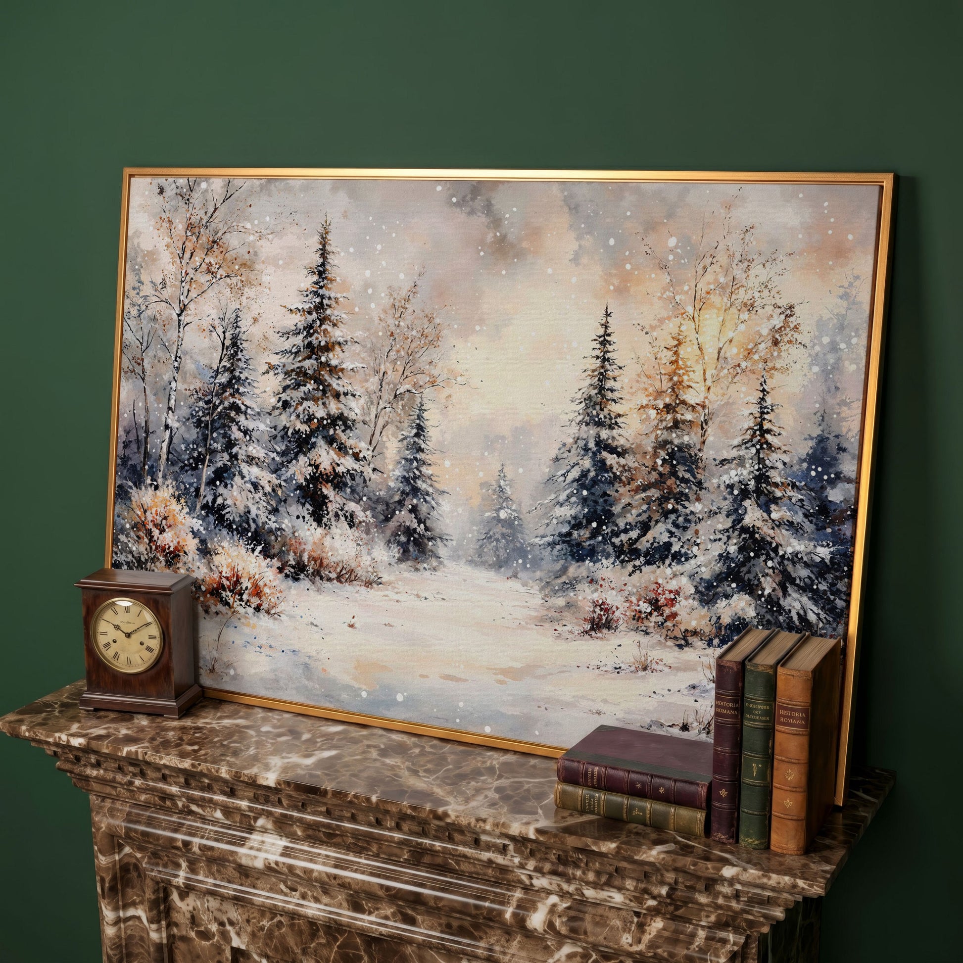 Snowy Evergreen Forest Canvas Wall Art, Winter Landscape in antique gold floating frame