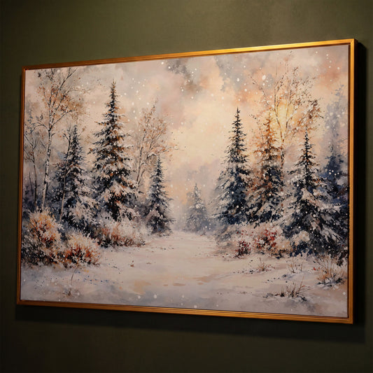 Snowy Evergreen Forest Canvas Wall Art, Winter Landscape shown in antique gold floating frame