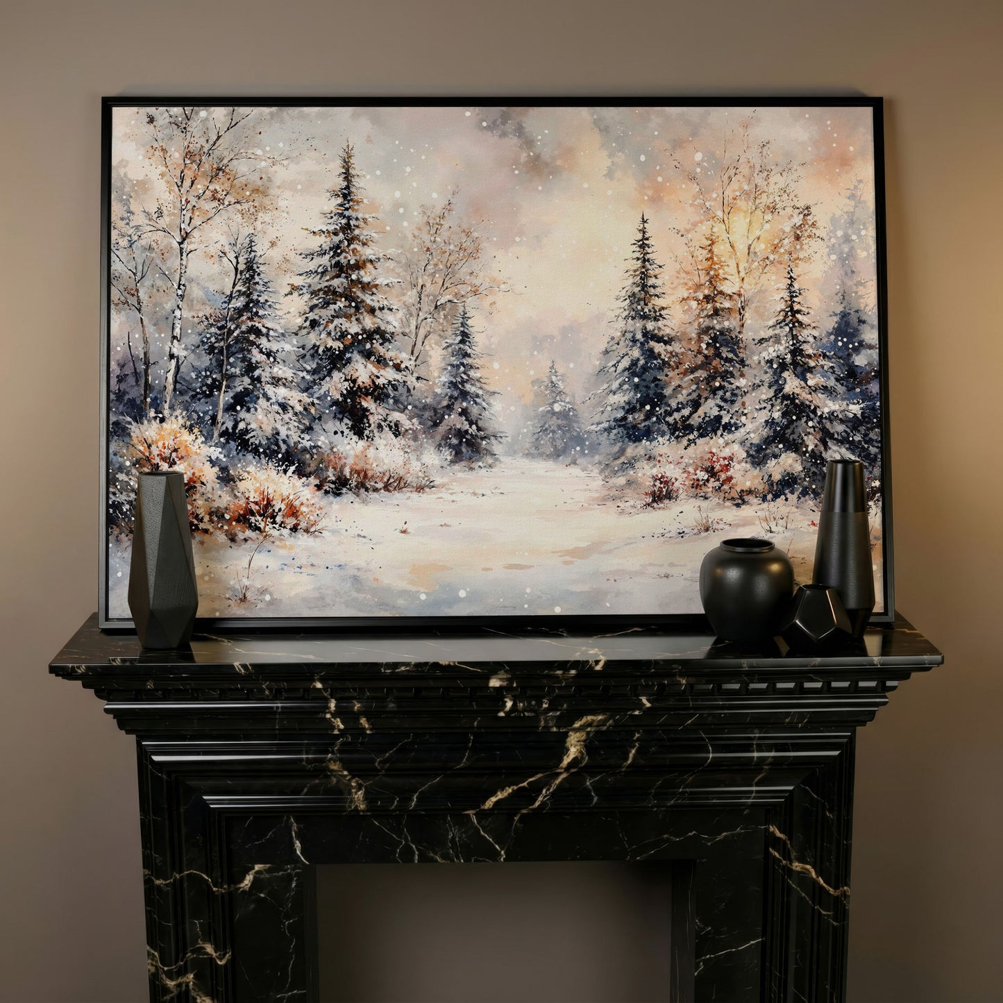Snowy Evergreen Forest Canvas Wall Art, Winter Landscape in black floating frame
