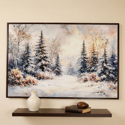 Snowy Evergreen Forest Canvas Wall Art, Winter Landscape in dark walnut floating frame