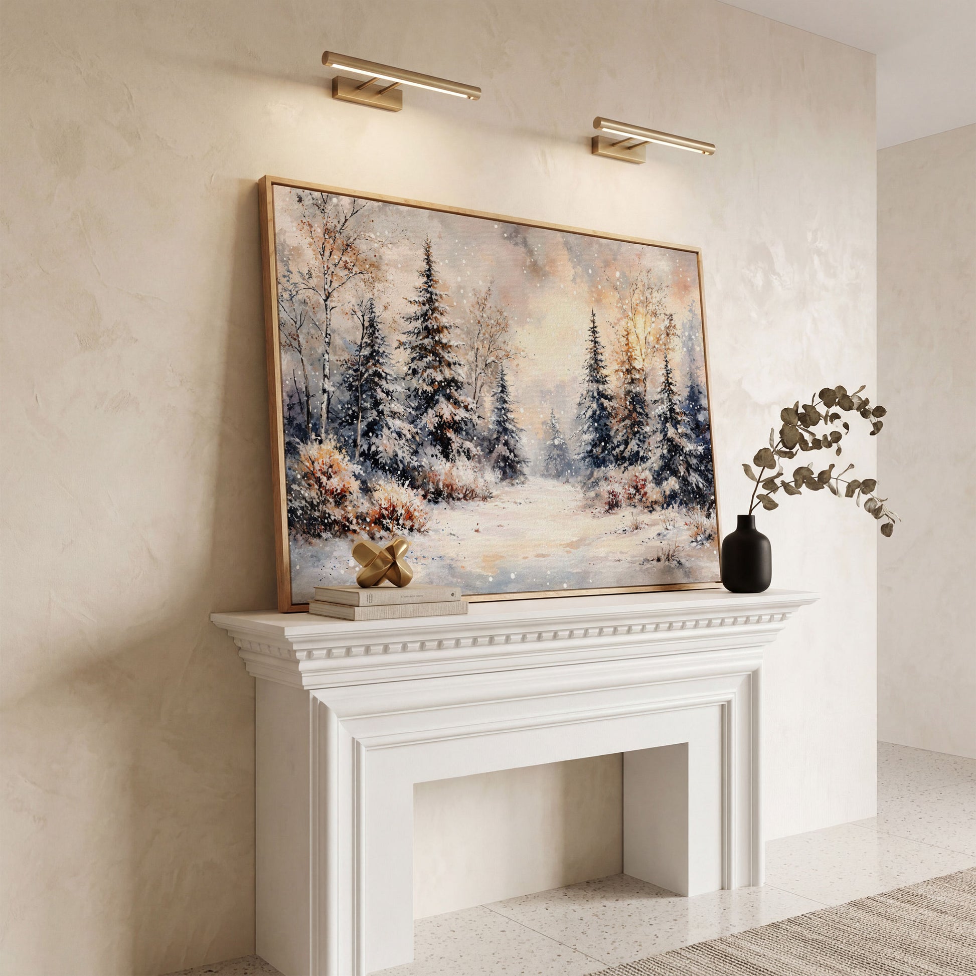 Snowy Evergreen Forest Canvas Wall Art, Winter Landscape in white oak floating frame