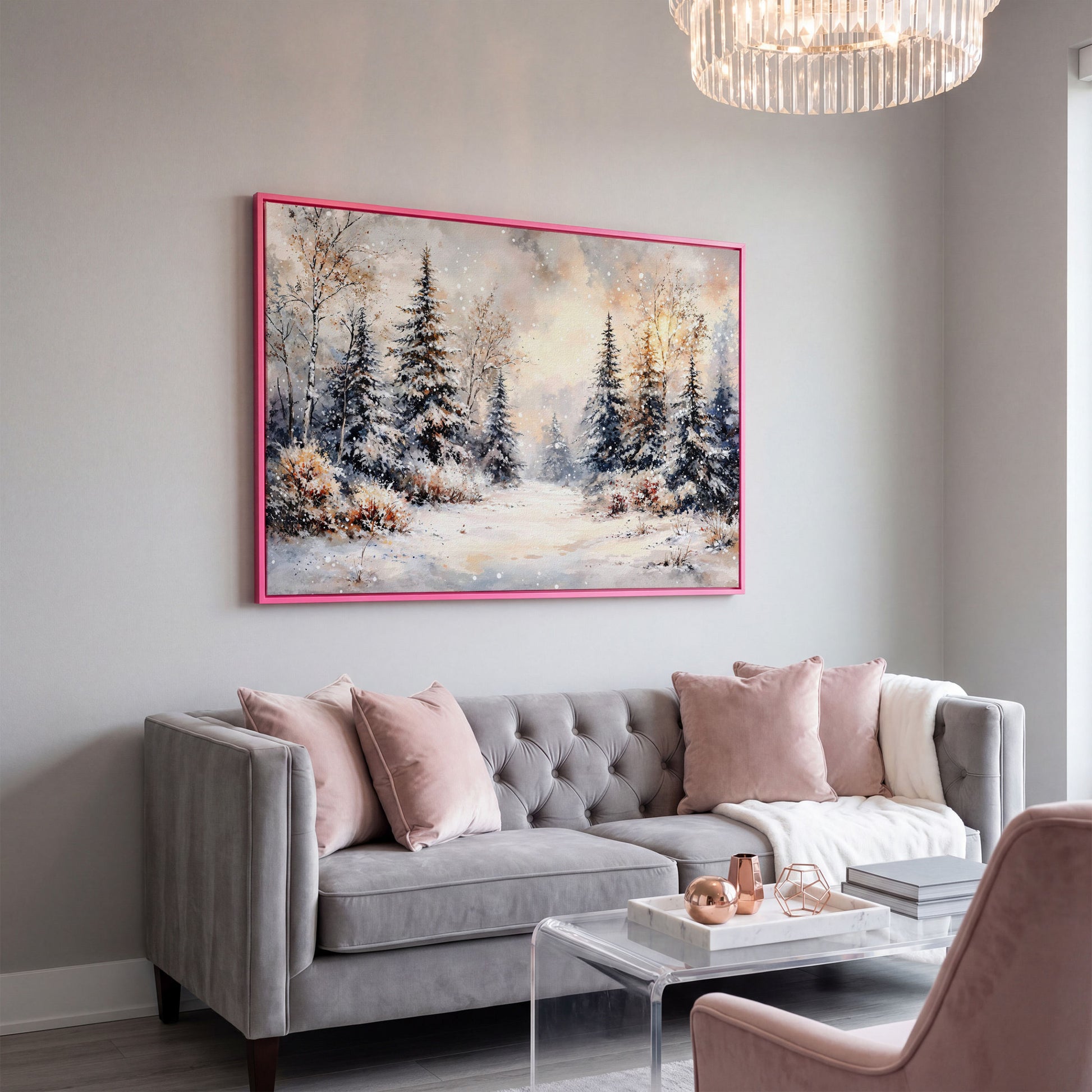 Snowy Evergreen Forest Canvas Wall Art, Winter Landscape in pink floating frame