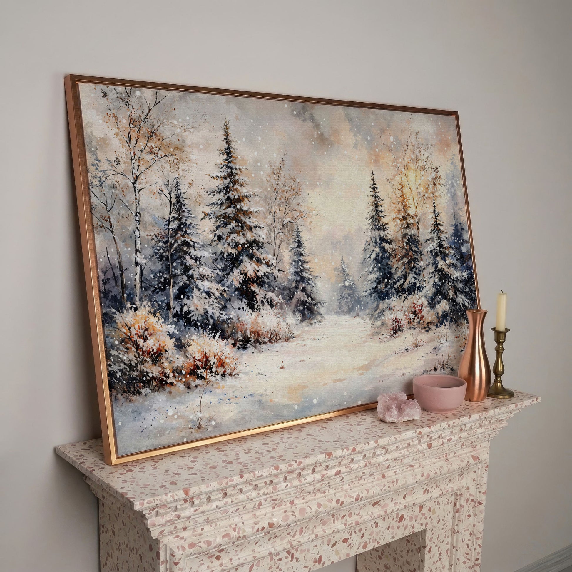 Snowy Evergreen Forest Canvas Wall Art, Winter Landscape in rose gold floating frame
