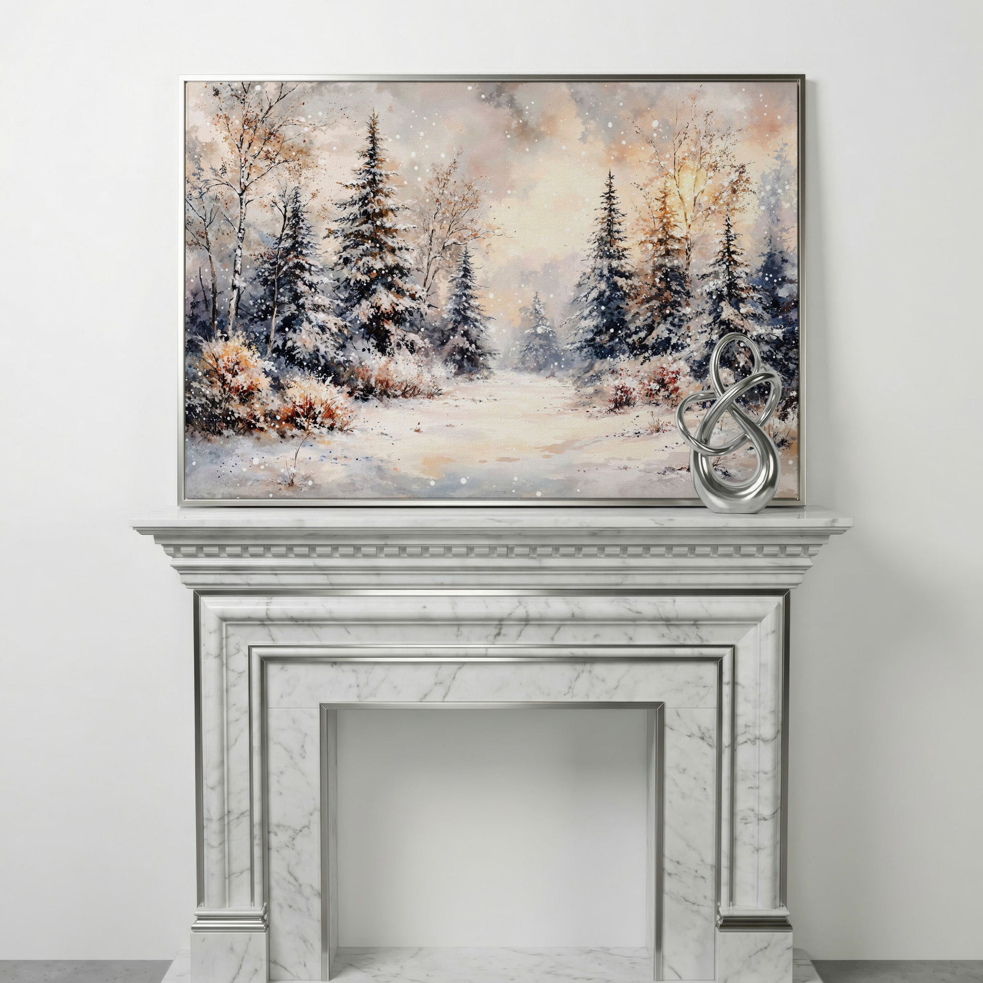 Snowy Evergreen Forest Canvas Wall Art, Winter Landscape in silver floating frame